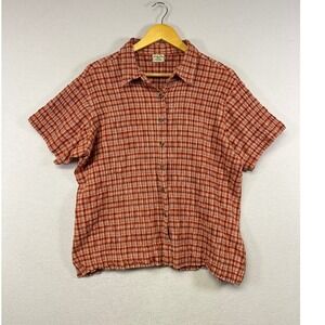 Cabelas Women Plaid Button Down Short Sleeve Shirt XL Red Orange Casual Outdoor